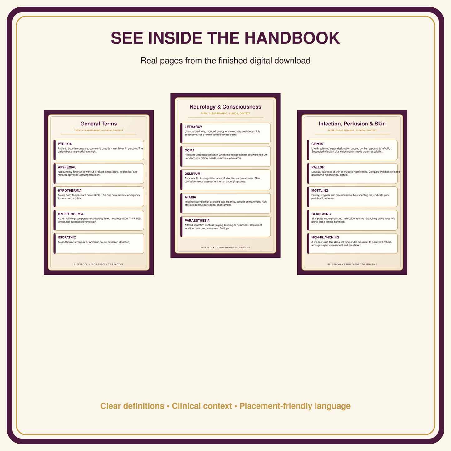 Promotional graphic for a digital download handbook, showing three sample interior page layouts with dark purple borders and cream backgrounds. The top text reads 'SEE INSIDE THE HANDBOOK' with smaller text below, and the bottom text says 'Clear definitions • Clinical context • Placement-friendly language'.
