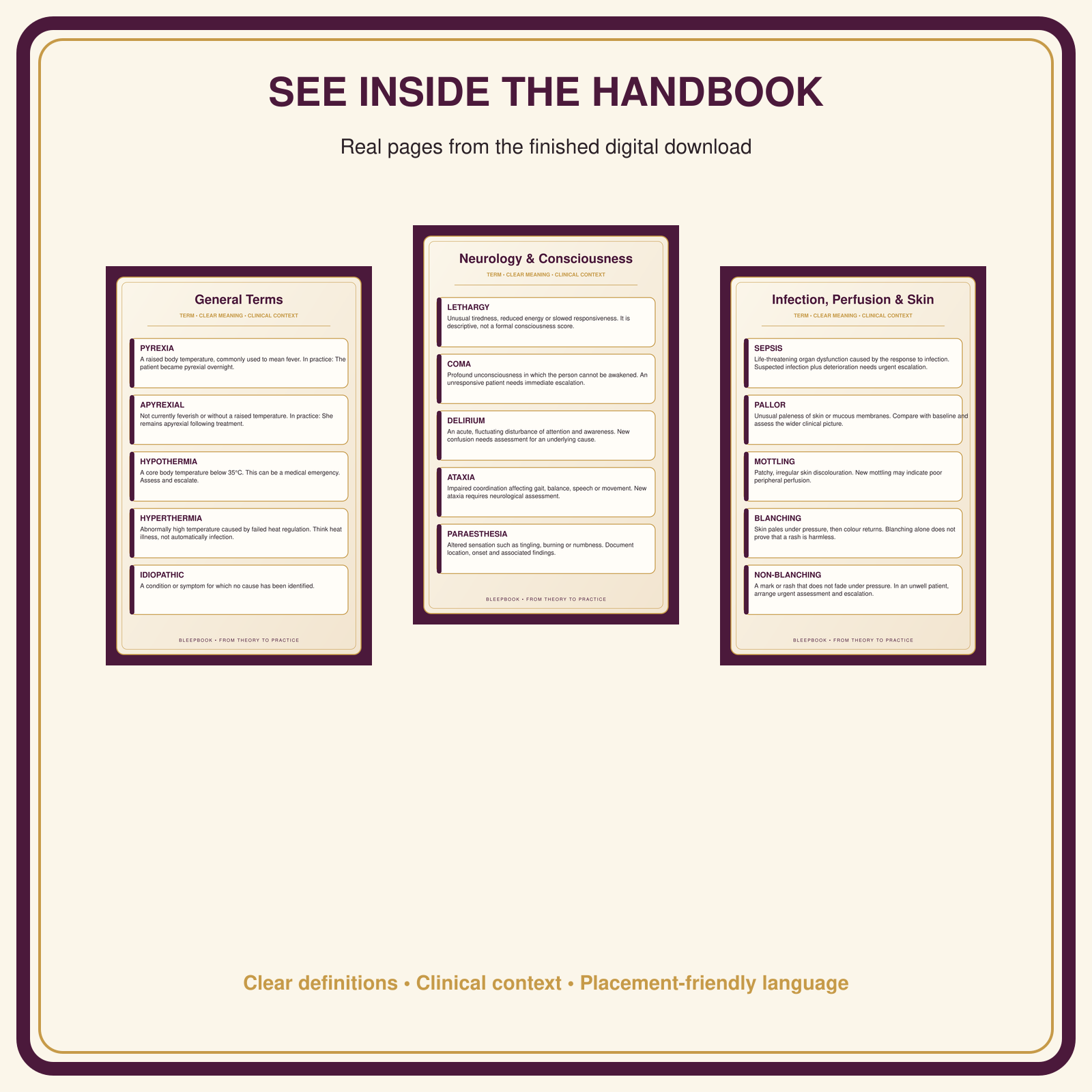 Promotional graphic for a digital download handbook, showing three sample interior page layouts with dark purple borders and cream backgrounds. The top text reads 'SEE INSIDE THE HANDBOOK' with smaller text below, and the bottom text says 'Clear definitions • Clinical context • Placement-friendly language'.