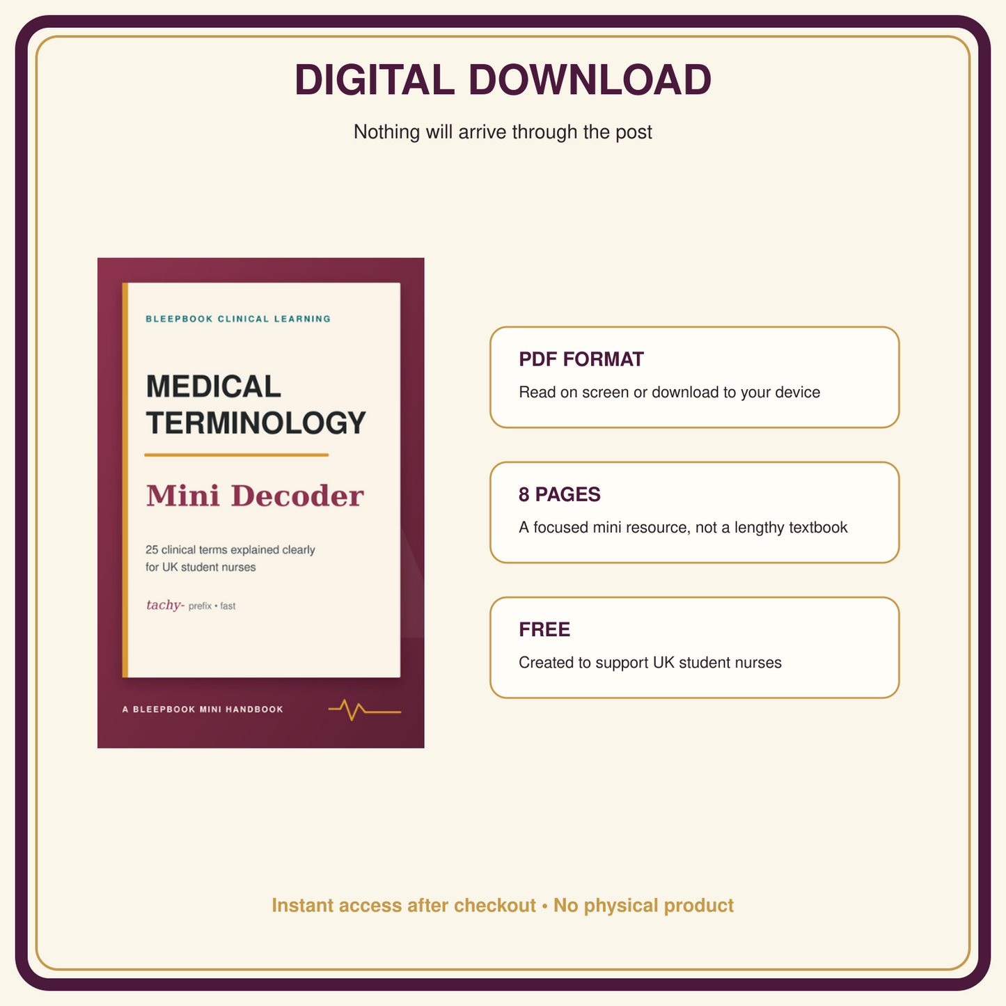 Promotional graphic for a digital download product, showing the cover of 'Medical Terminology Mini Decoder' by Sleepbook Clinical Learning. The graphic includes text stating 'DIGITAL DOWNLOAD' and lists features such as 'PDF FORMAT', '8 PAGES', and 'FREE'.