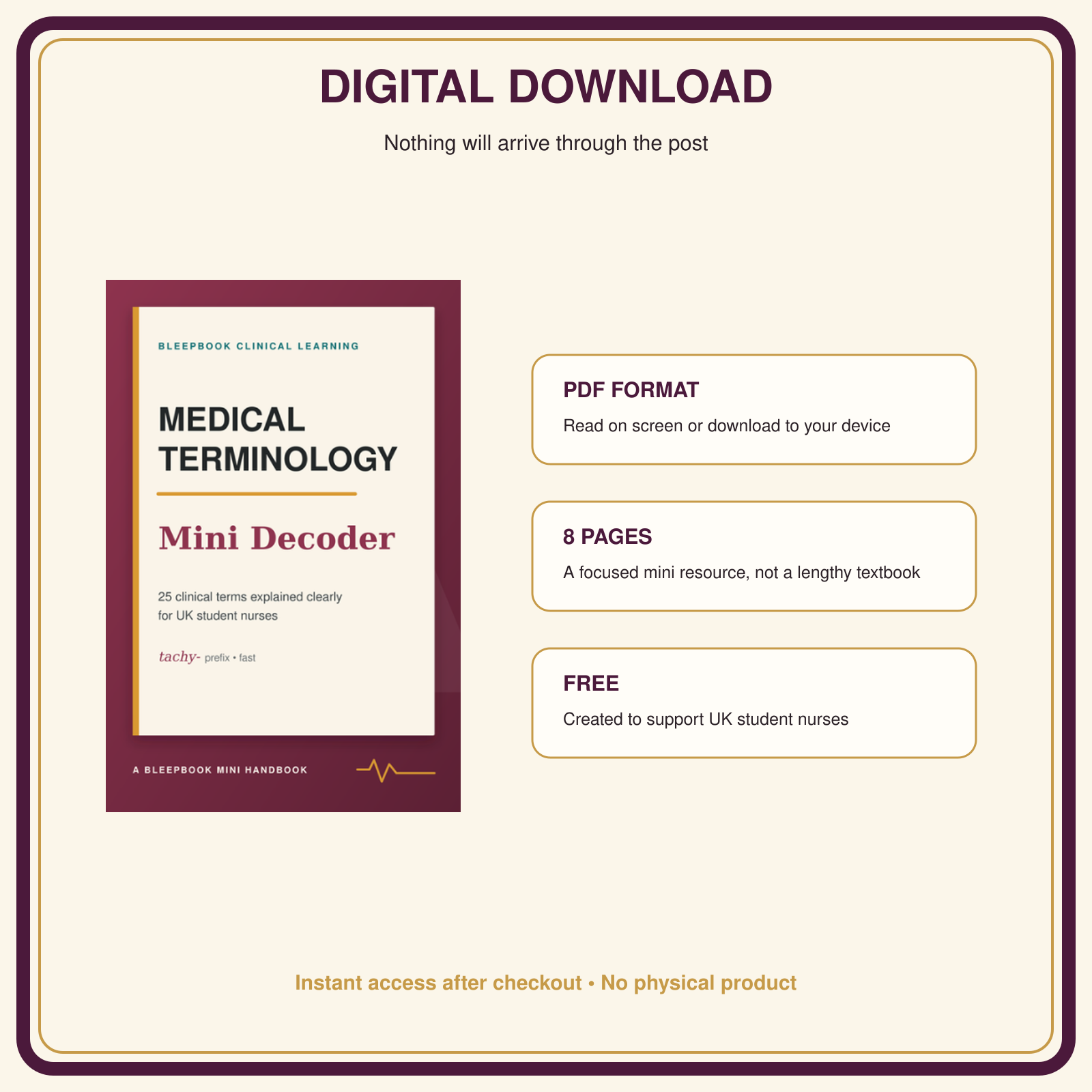 Promotional graphic for a digital download product, showing the cover of 'Medical Terminology Mini Decoder' by Sleepbook Clinical Learning. The graphic includes text stating 'DIGITAL DOWNLOAD' and lists features such as 'PDF FORMAT', '8 PAGES', and 'FREE'.