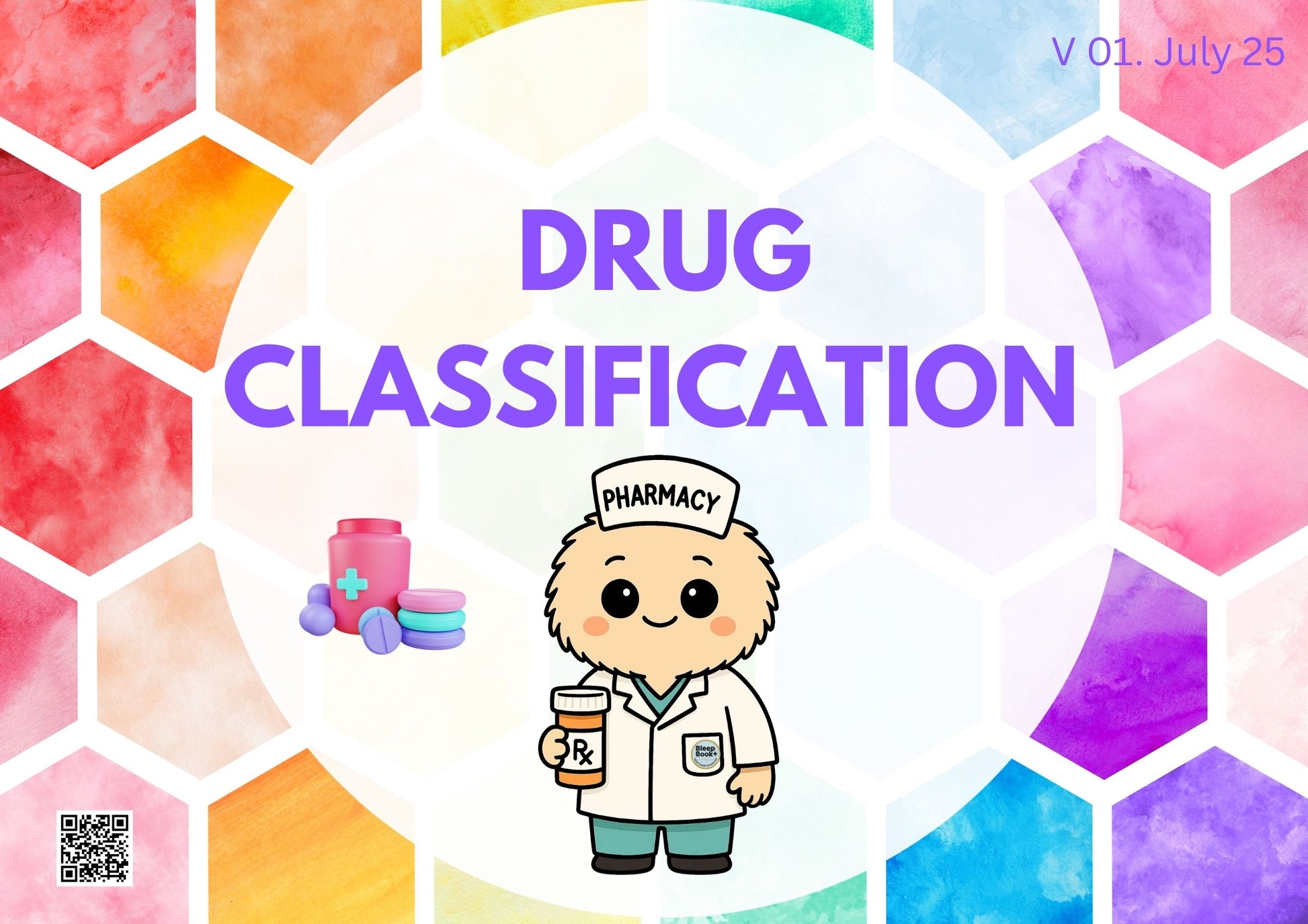 Drug classification poster with cartoon pharmacist and colorful hexagonal background