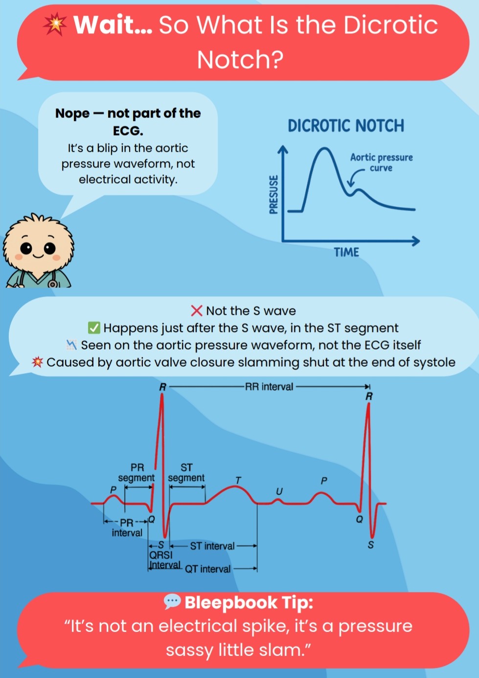 Diagram explaining the Dicrotic Notch with text and a cartoon character on a blue background.