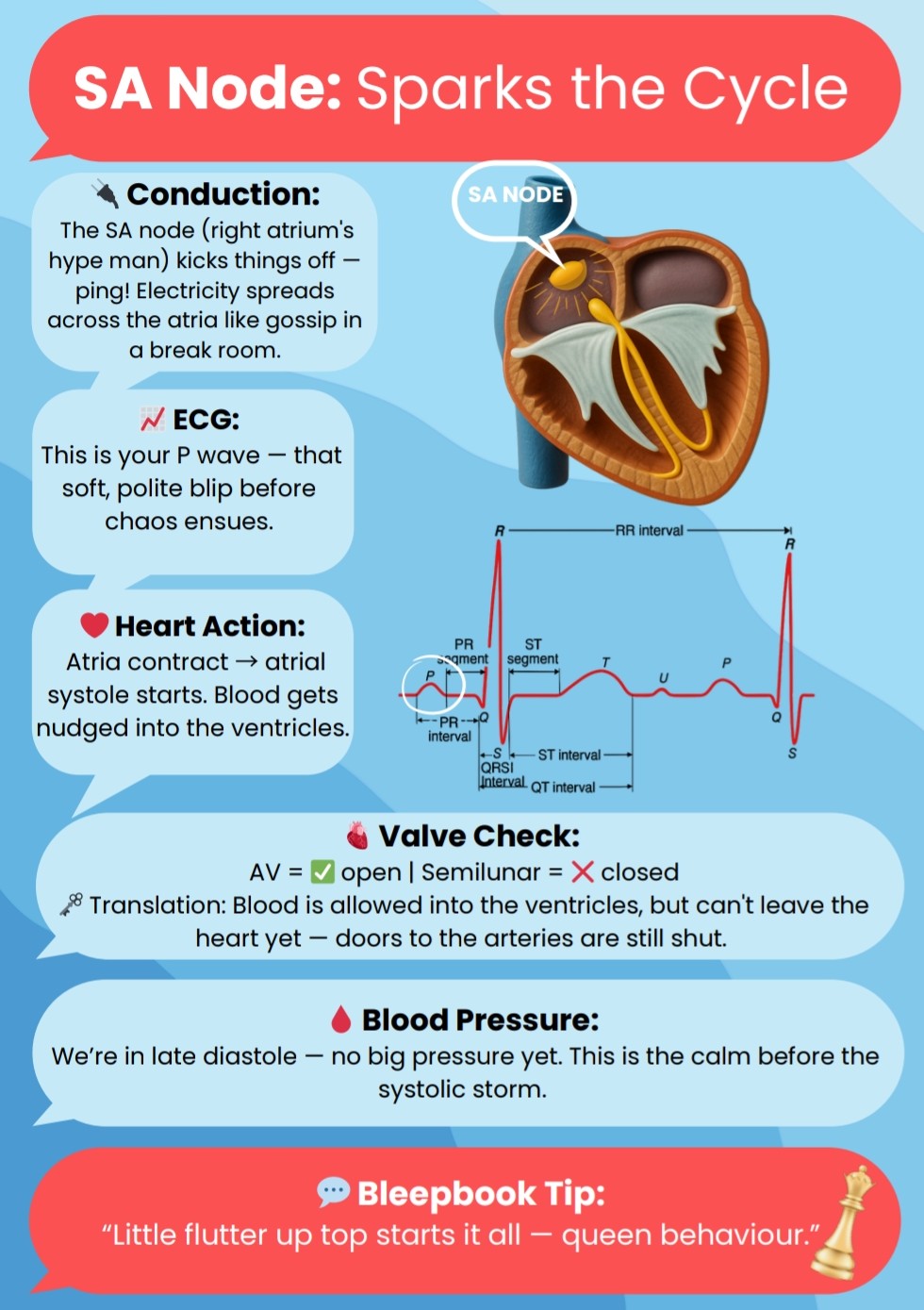 Educational diagram about the SA node in the heart with text and illustrations.