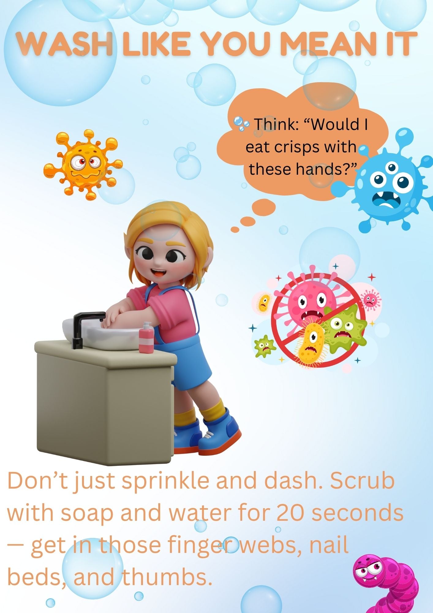 Children's educational poster about handwashing with cartoon characters and text.
