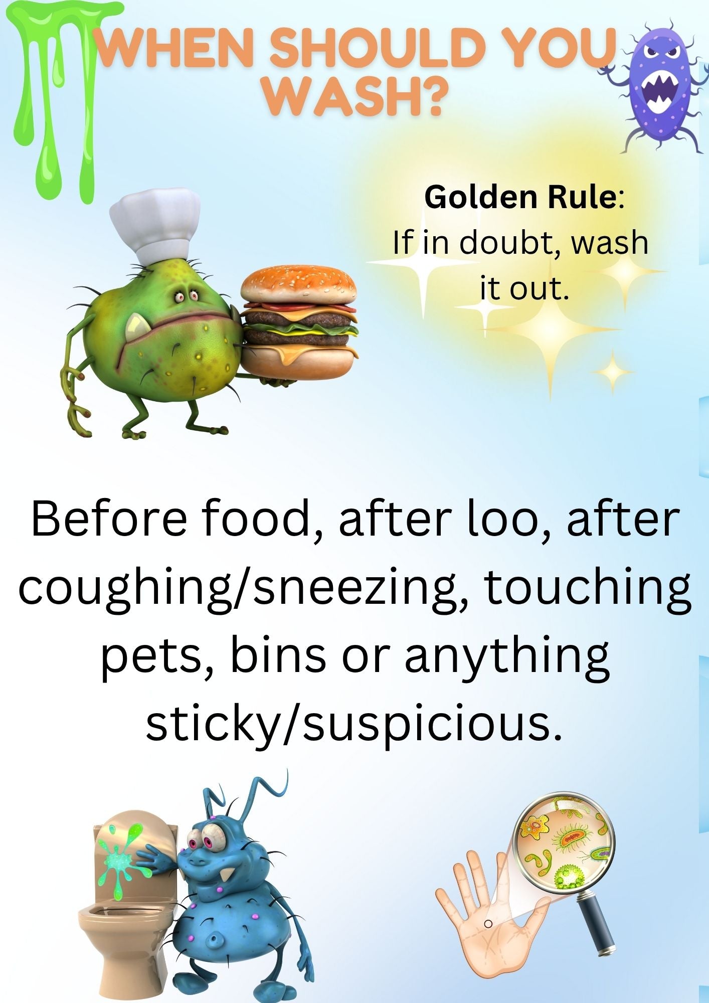 Comic strip with cartoon germs and text about when to wash hands, featuring a green germ character and a blue germ character.