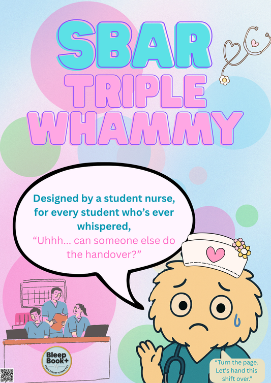 Cartoon character with a speech bubble and text about a student nurse's handover system, with colorful background and 'Bleep Book' logo.