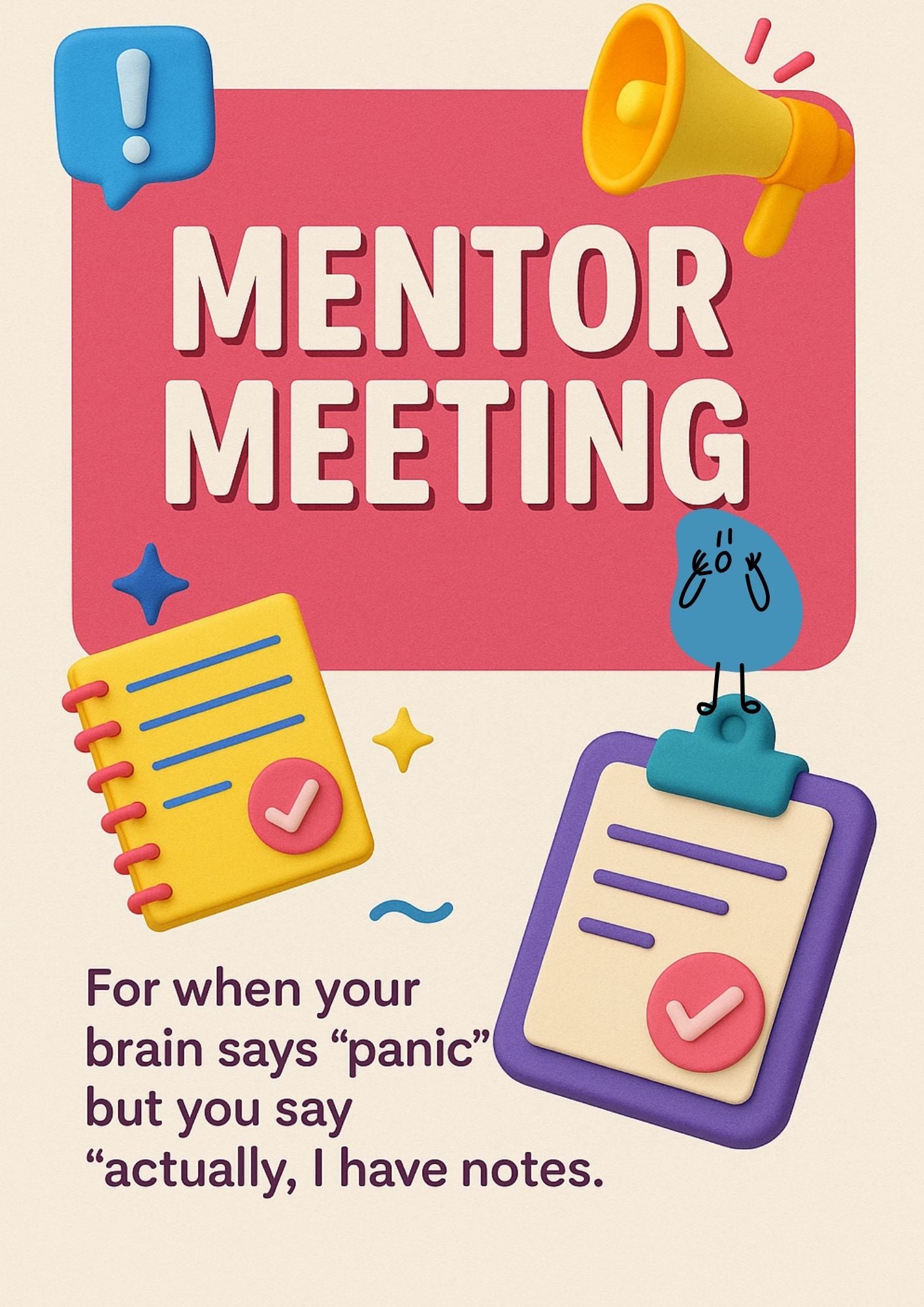 Illustration of a mentor meeting with a megaphone, clipboard, and notebook on a pink background.