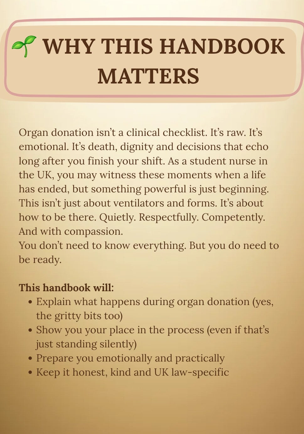 Handbook cover with text about organ donation and its emotional impact on students, set against a beige background.