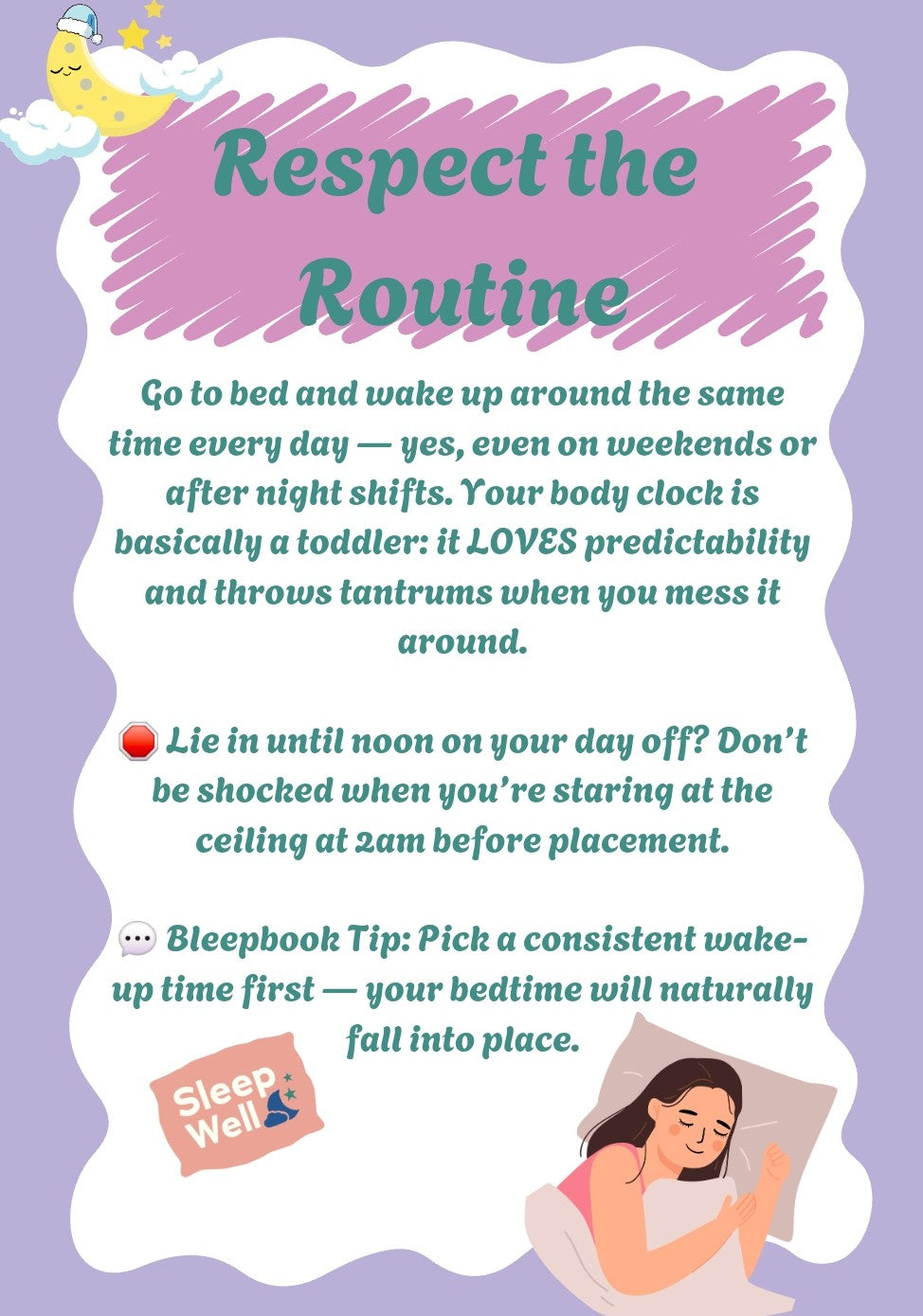 Sleeping person with text on a purple background about respecting sleep routine