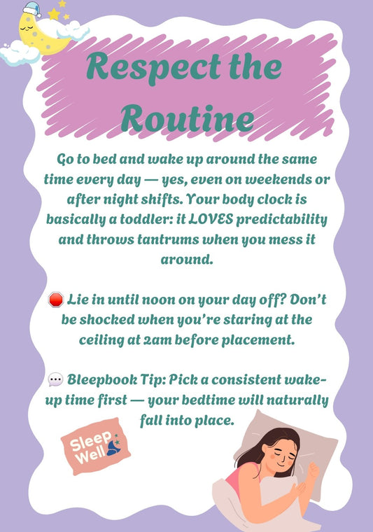 Sleeping person with text on a purple background about respecting sleep routine