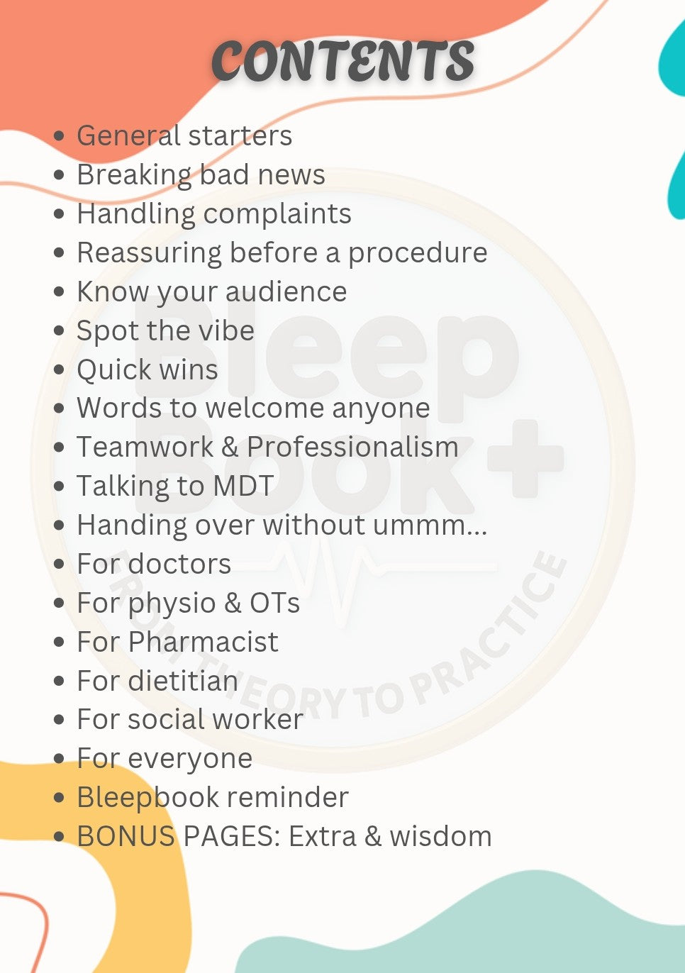 List of topics on a white background with colorful accents