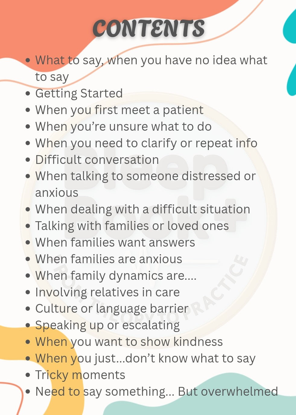 List of topics related to communication in various scenarios on a colorful background