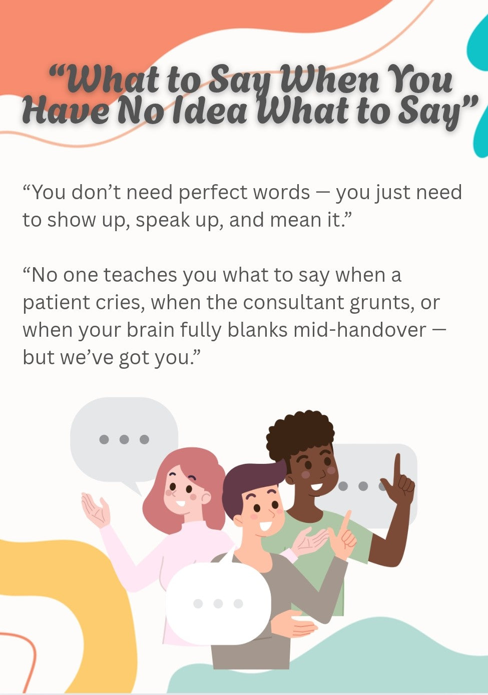 Text and illustration of people with speech bubbles on a colorful background