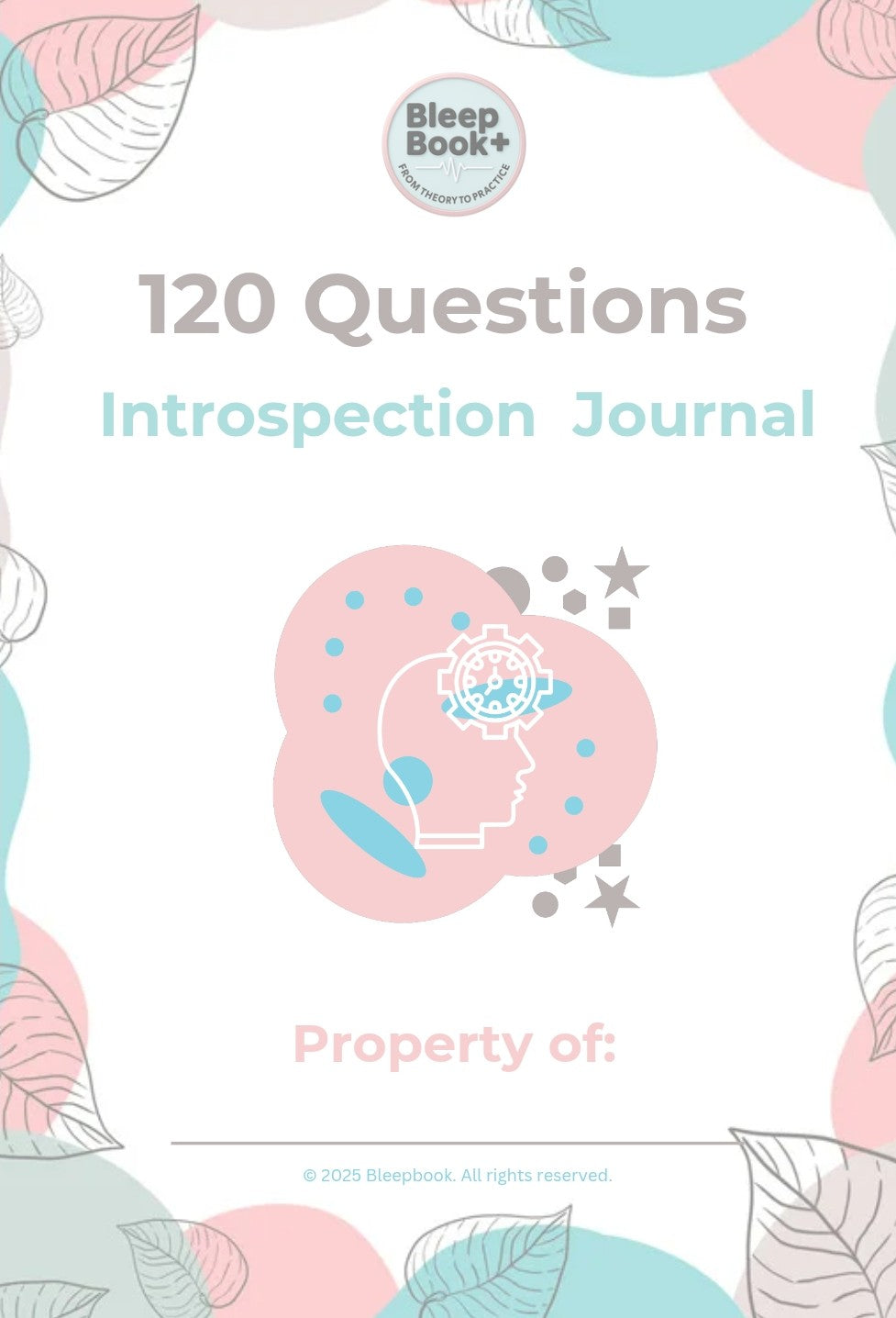 Introspection journal titled '120 Questions' with a decorative cover featuring abstract designs and the brand 'Bleep Book'.