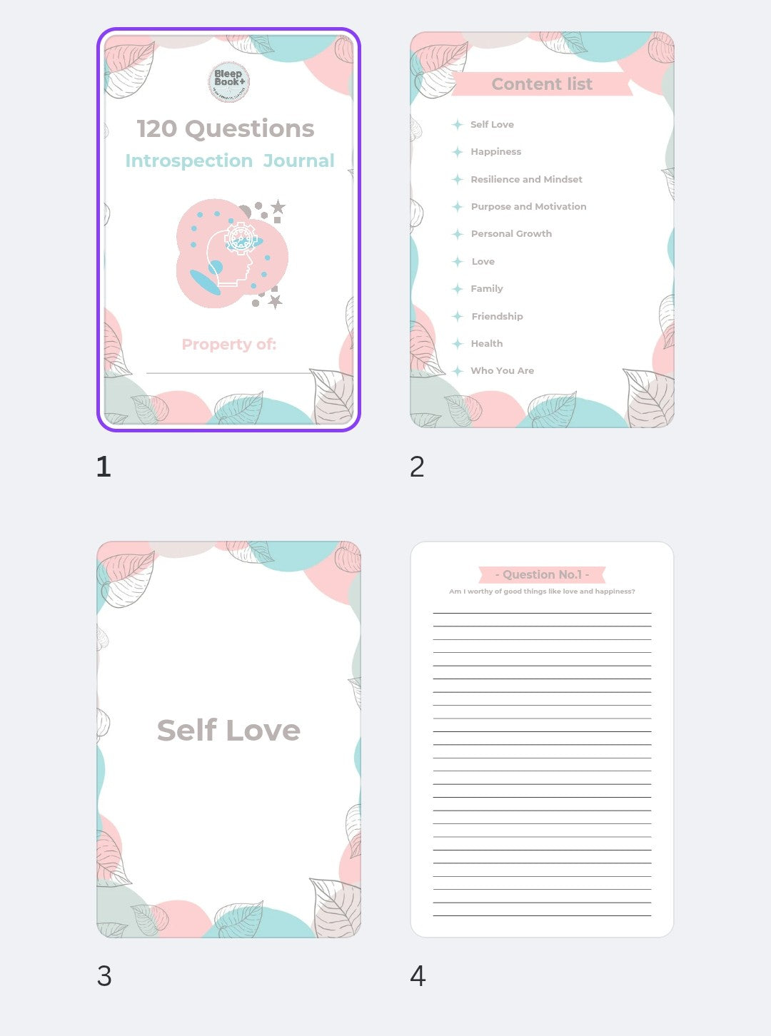 Collection of journaling pages with different sections on a light gray background