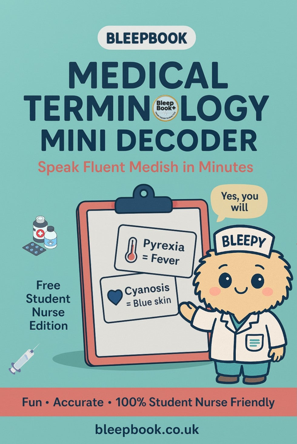 Book cover of 'Medical Terminology Mini Decoder' with a cartoon character and educational content.
