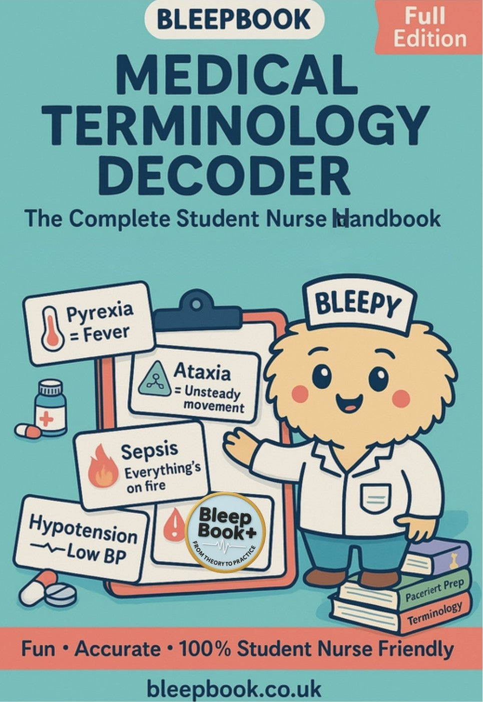 Book cover of 'Medical Terminology Decoder' with a cartoon nurse character and educational illustrations.