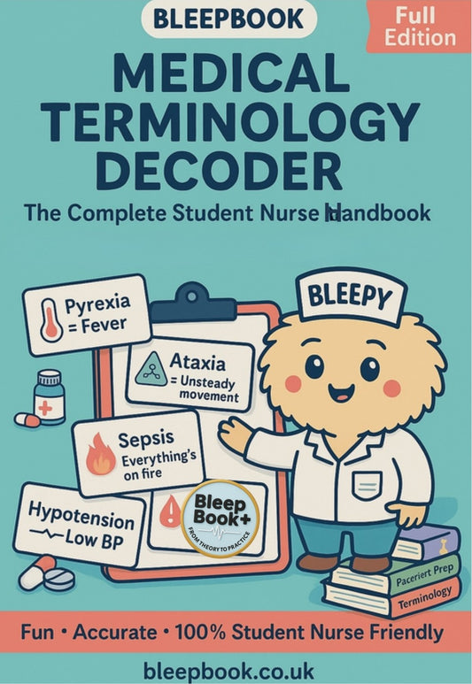 Book cover of 'Medical Terminology Decoder' with a cartoon nurse character and educational illustrations.
