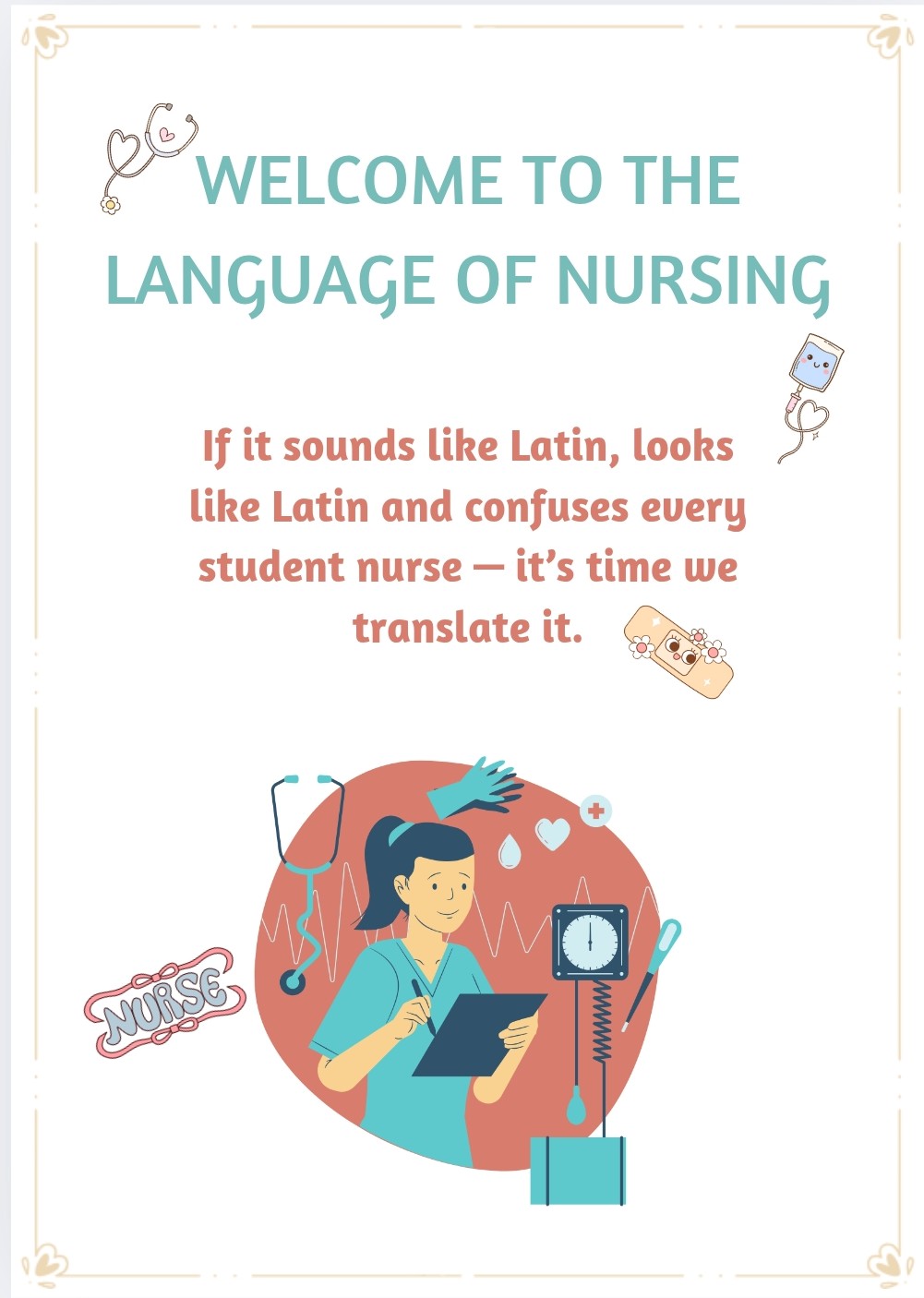 Book cover with text 'Welcome to the Language of Nursing' and illustrations of a nurse and medical equipment.
