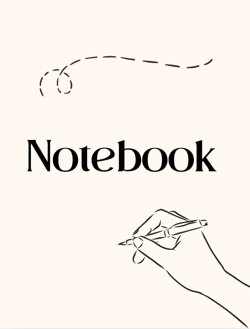 Notebook cover with a hand holding a pen and the word 'Notebook' on a white background
