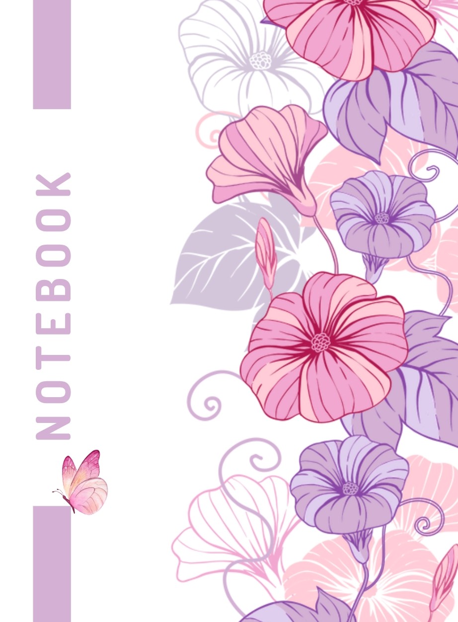 Floral notebook cover with pink and purple flowers and a butterfly on a light pink background.