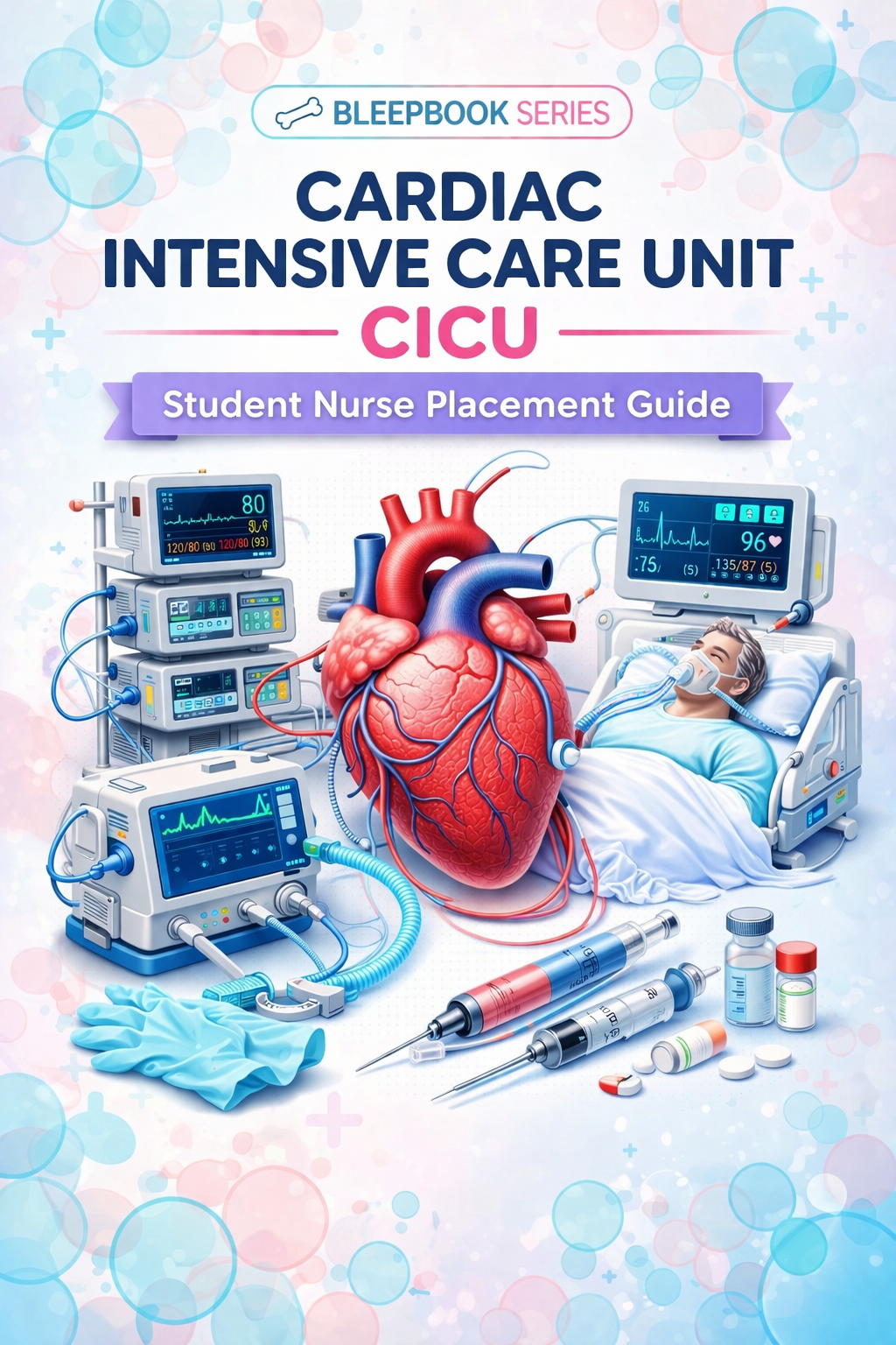 Book cover of 'Cardiac Intensive Care Unit CICU Student Nurse Placement Guide' with medical equipment and patient illustration.