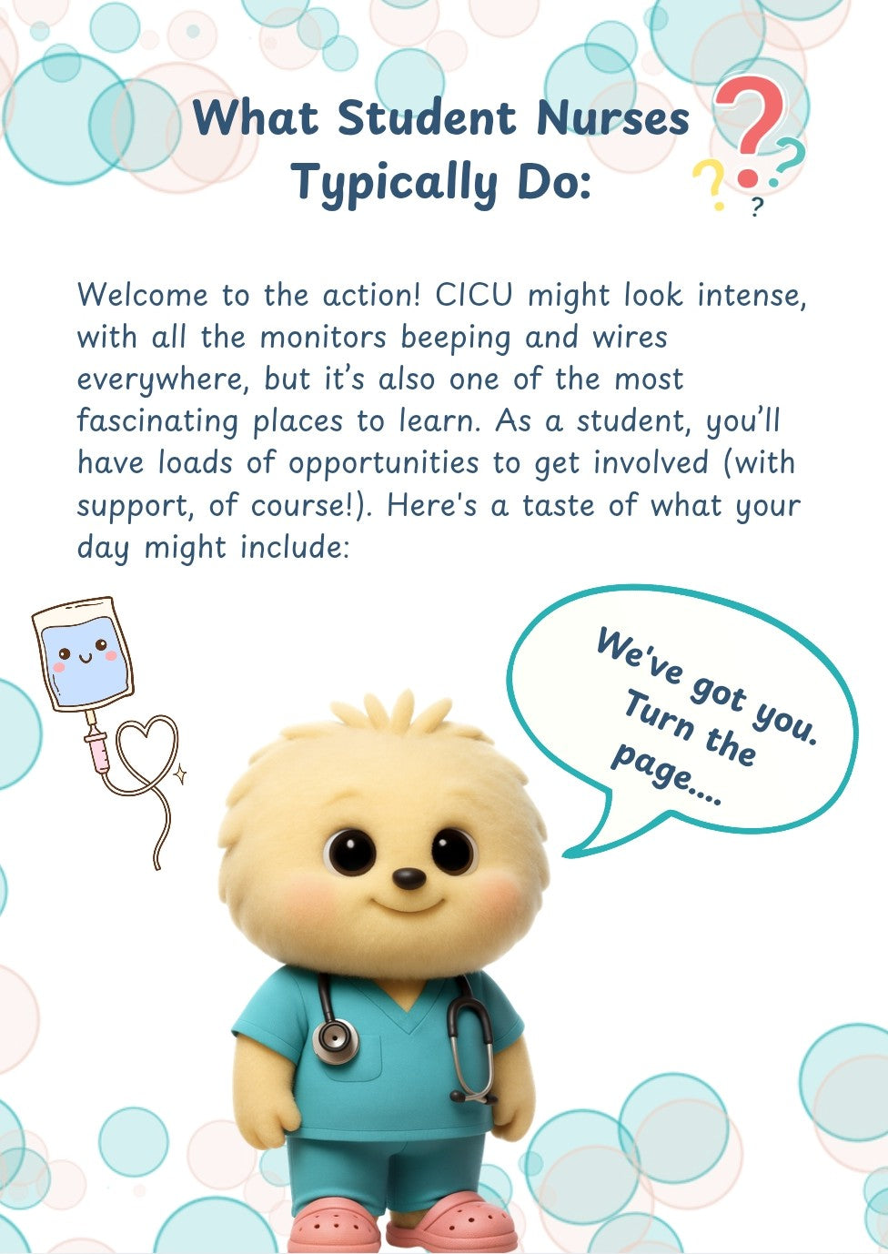 Animated character in a medical outfit with text about student nurses and CICU, surrounded by bubbles and question marks.