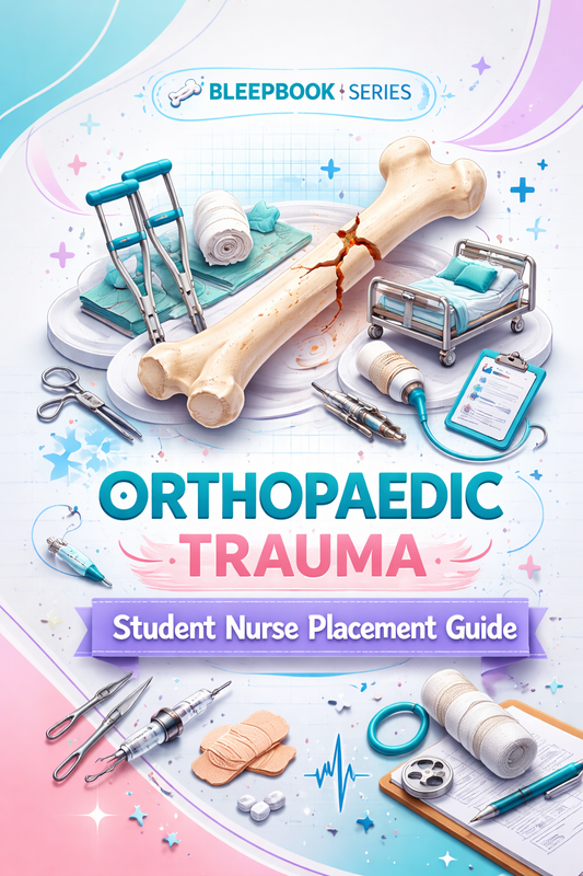 Book cover of 'Orthopaedic Trauma Student Nurse Placement Guide' with medical instruments and bones on a colorful background.