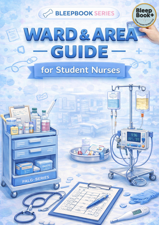 Book cover of 'Ward & Area Guide for Student Nurses' with medical equipment and supplies on a blue background.