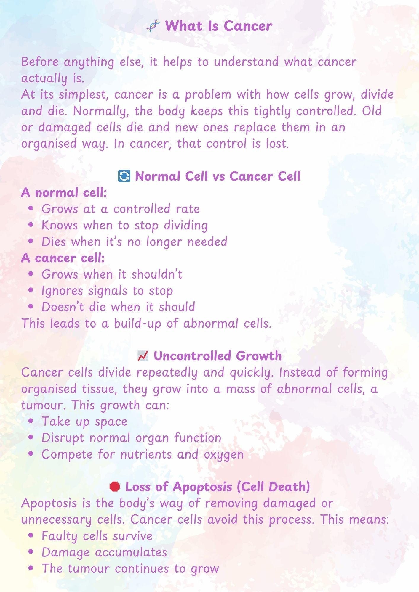 Educational text on cancer with a colorful background