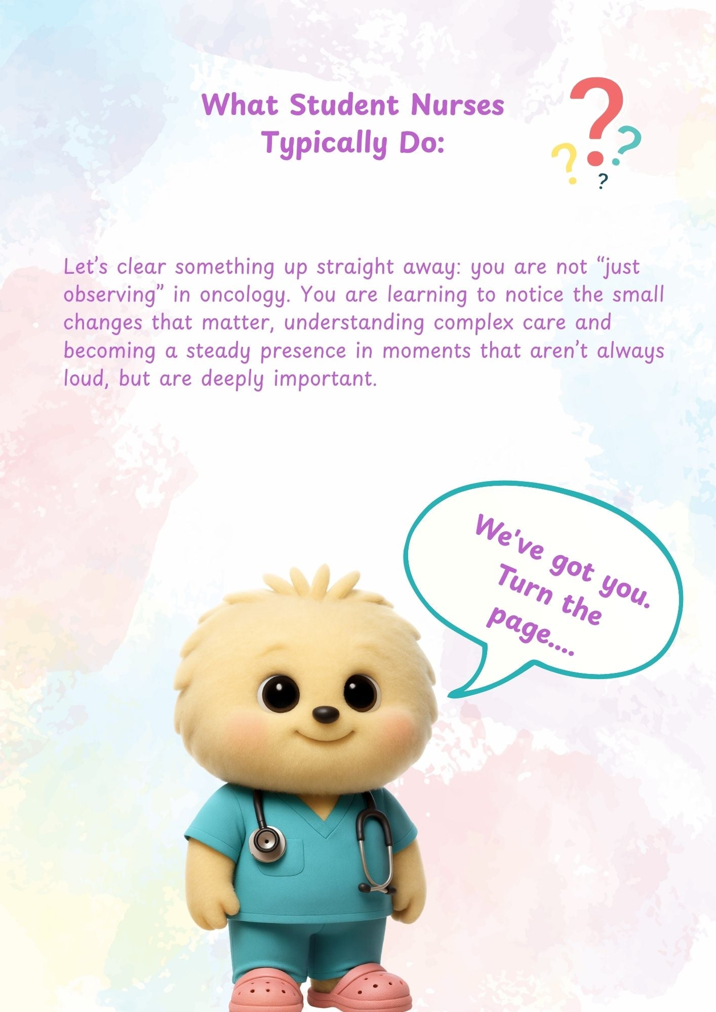 Animated character in medical attire with a speech bubble on a pastel background