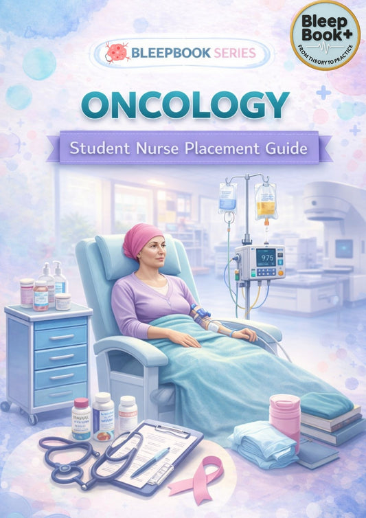 Book cover of 'Oncology Student Nurse Placement Guide' by Bleepbook Series, featuring a patient in a hospital bed with medical equipment.