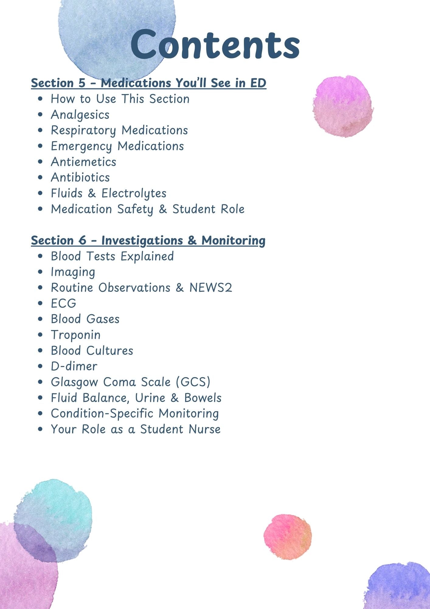 Educational document on medications and investigations in an emergency department with colorful abstract designs.
