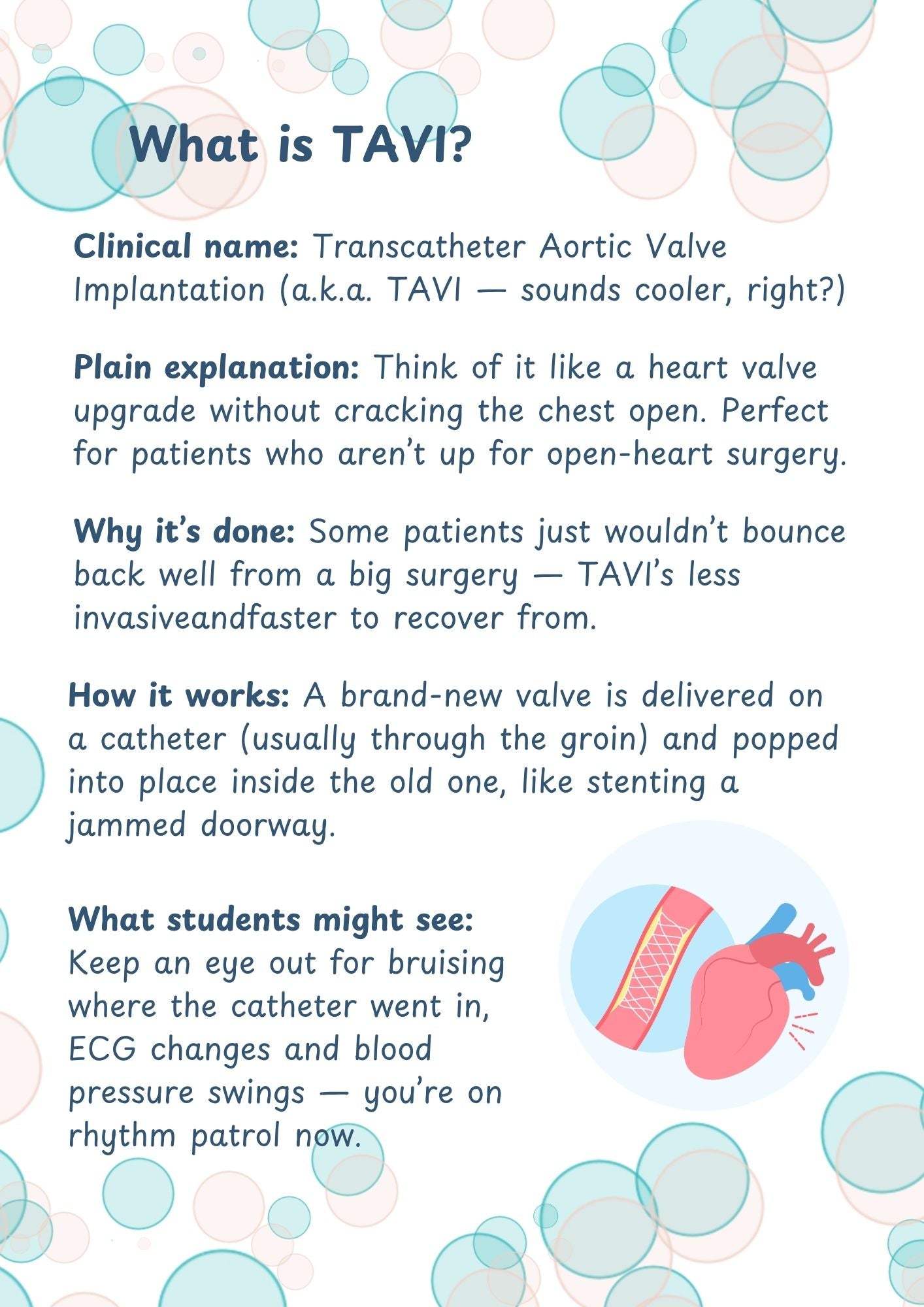 Explanation of TAVI (Transcatheter Aortic Valve Implantation) with text and illustrations on a white background.