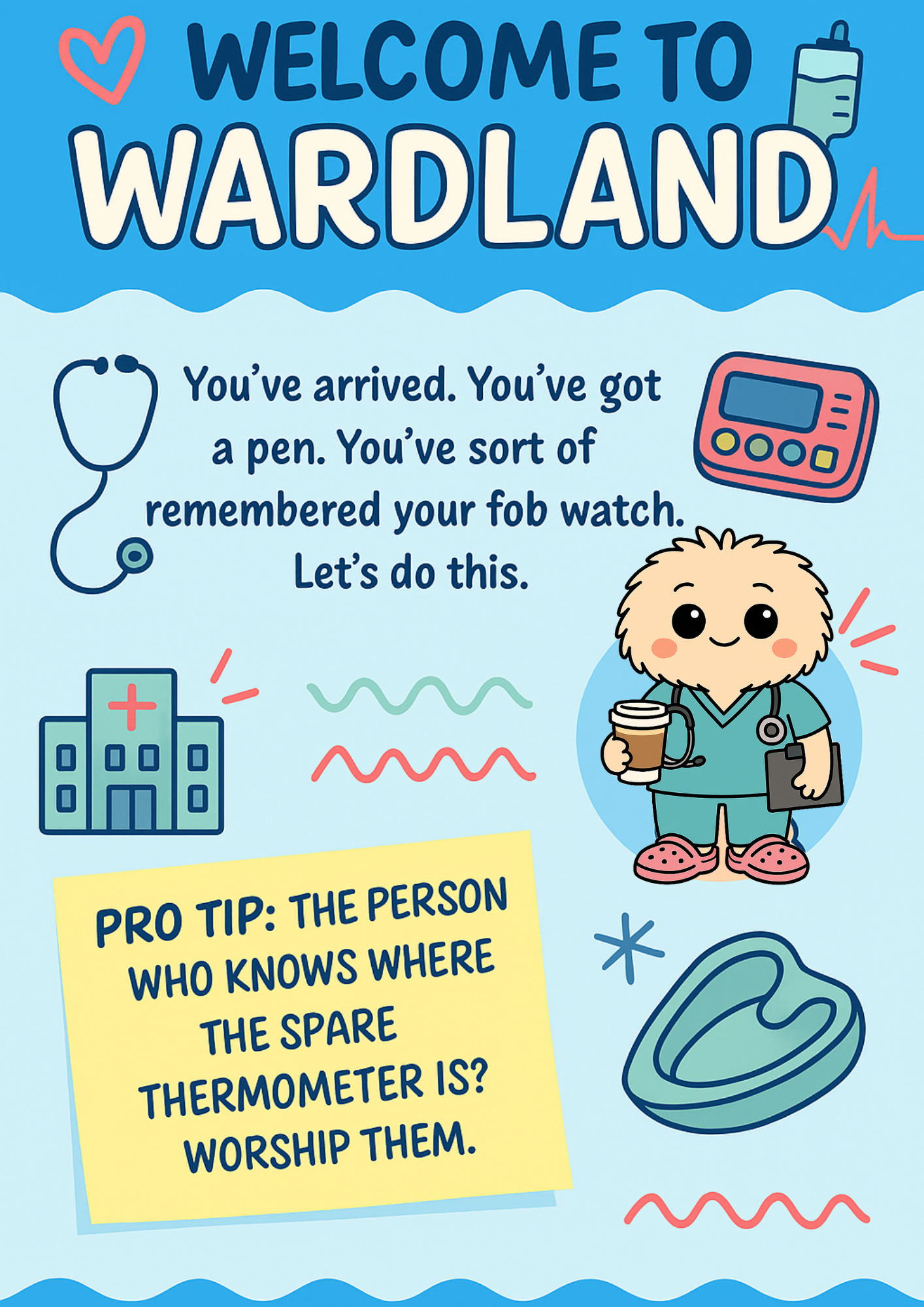 Cartoon character in scrubs with text and icons on a blue background, promoting a sense of humor about hospital life.