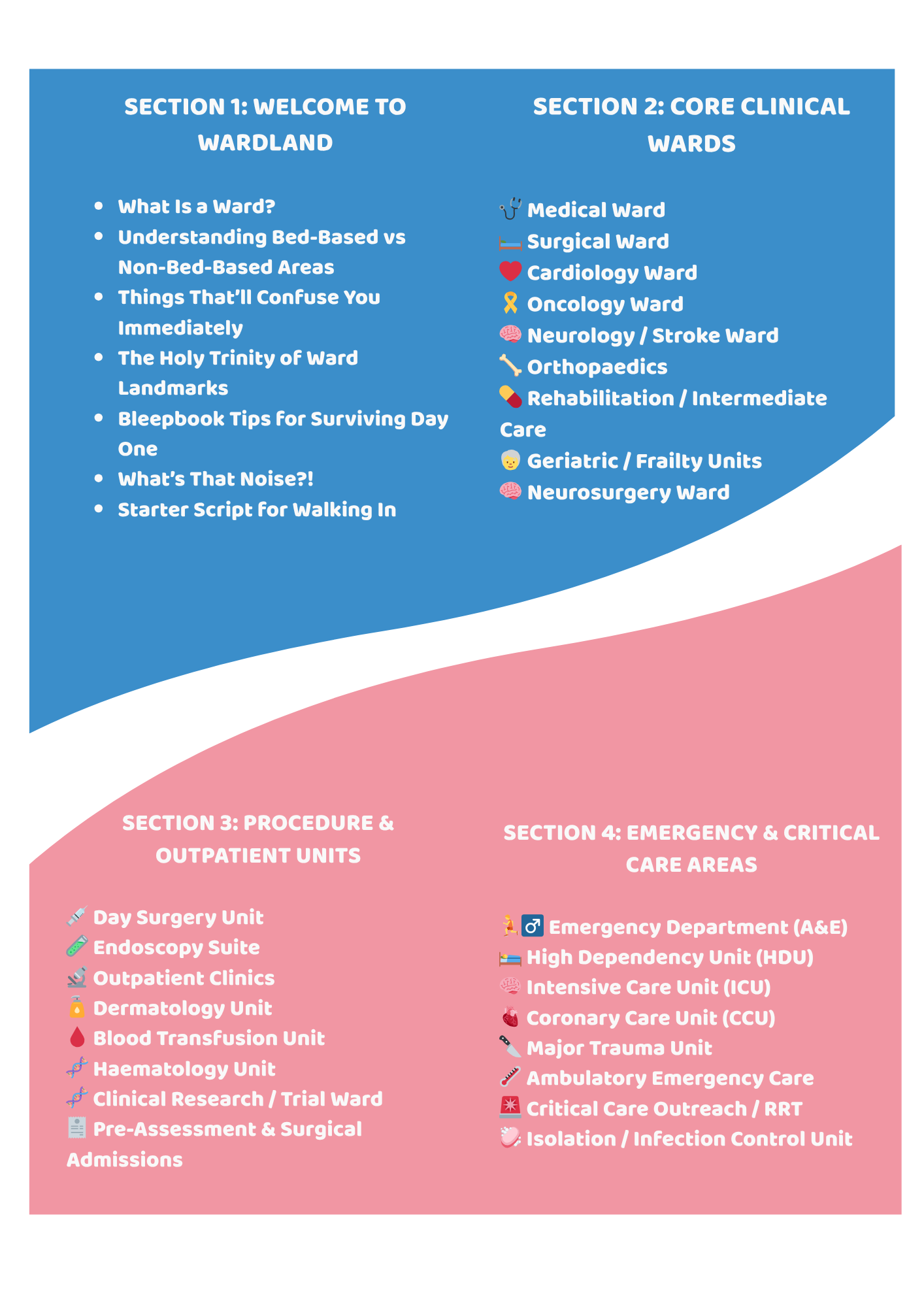 Chart detailing sections of a hospital ward layout with various clinical areas.