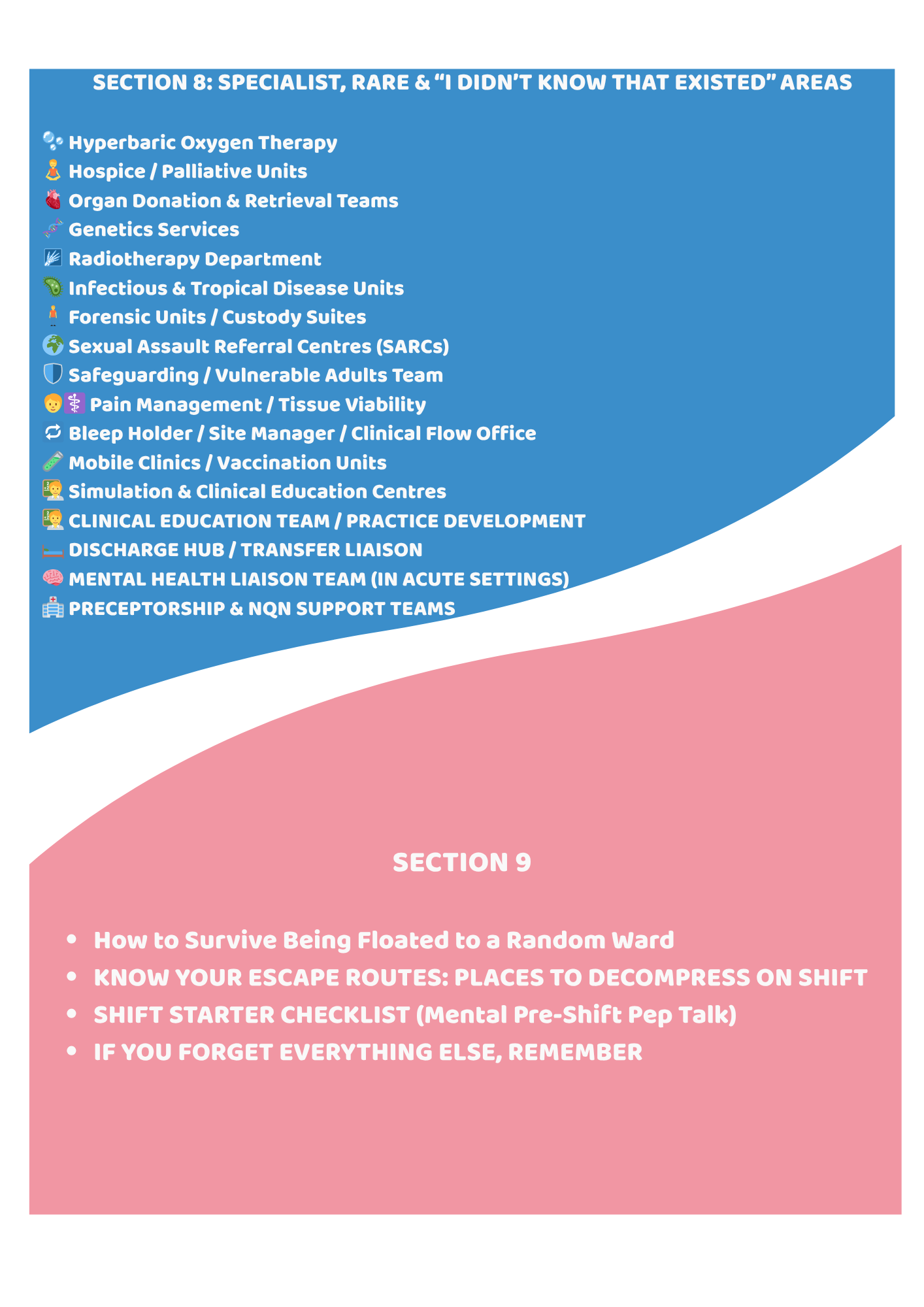 Brochure with a list of healthcare-related sections on a blue and pink background