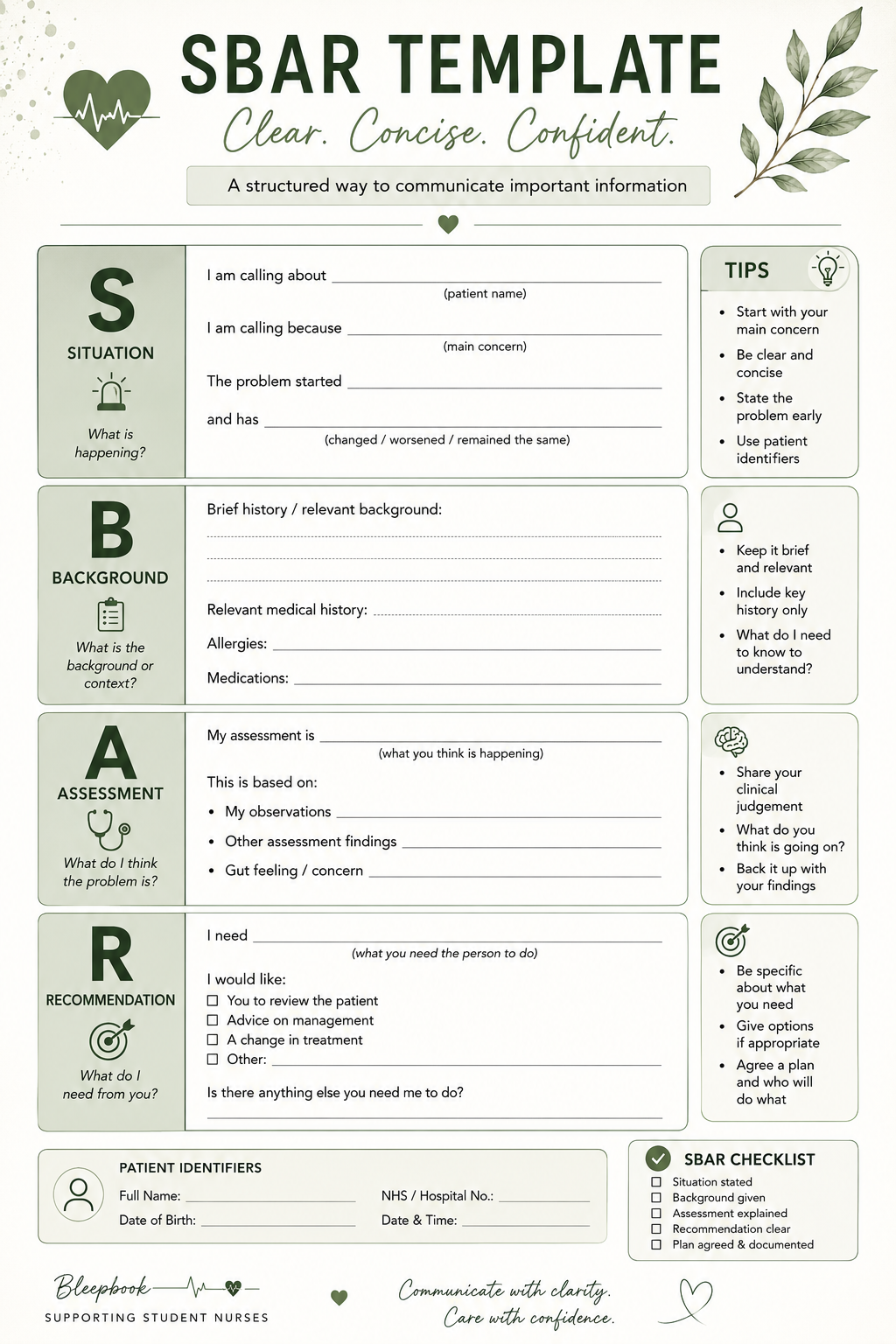 S BAR Template for clear, concise, and confident communication