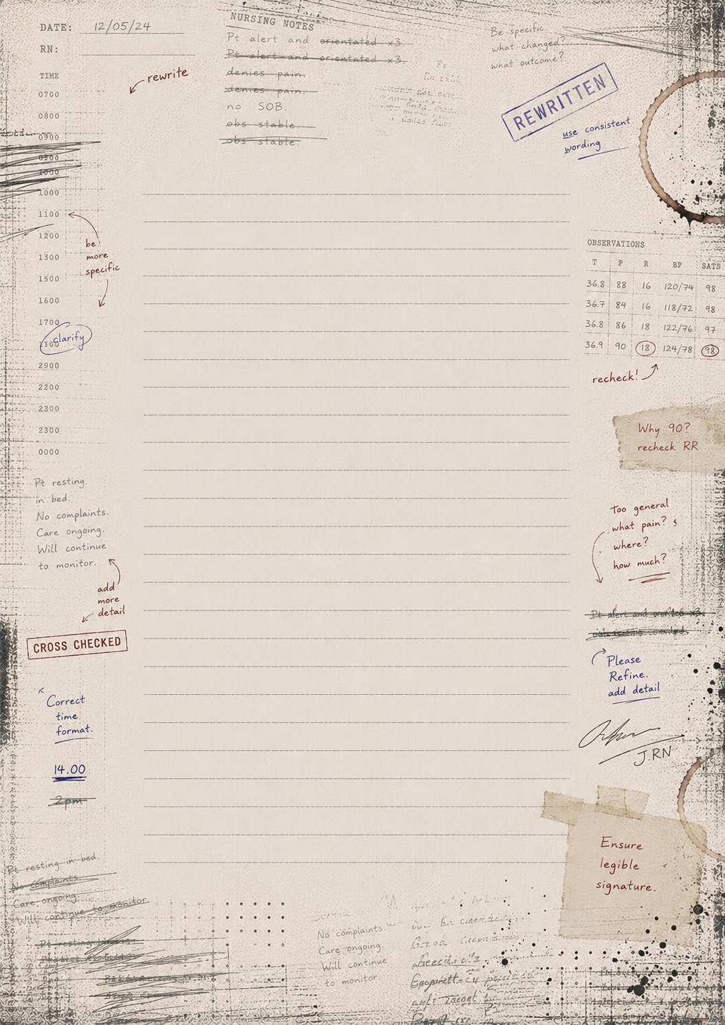 Textured white paper with handwritten notes, stamps, and checkboxes