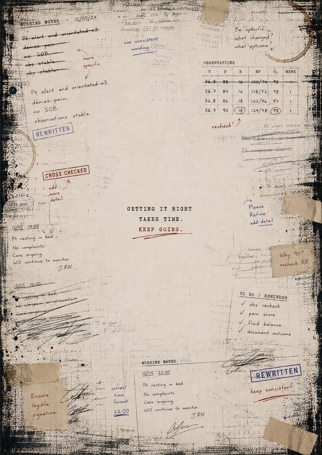 Textured paper with handwritten notes, corrections, and stamps