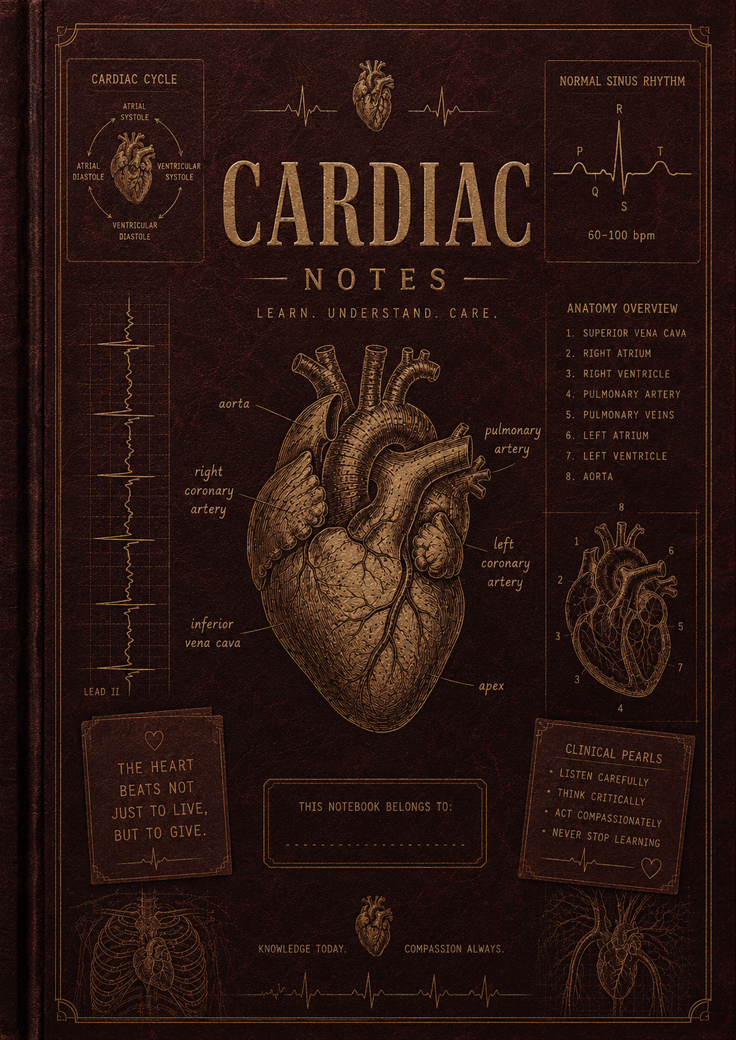 Book cover with anatomical heart illustration and medical diagrams on a dark background