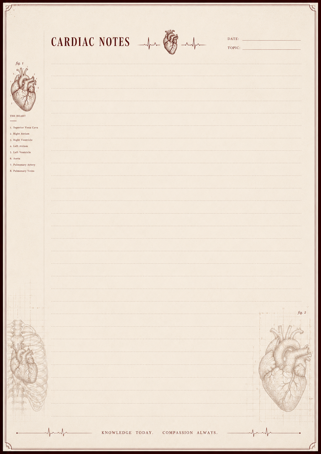 Notebook with cardiac illustrations and text on a beige background