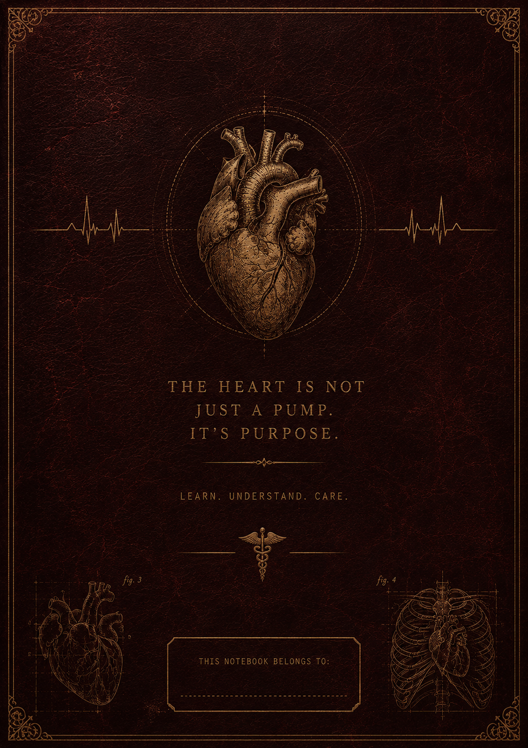 Anatomical heart illustration on a dark background with text and medical symbols.