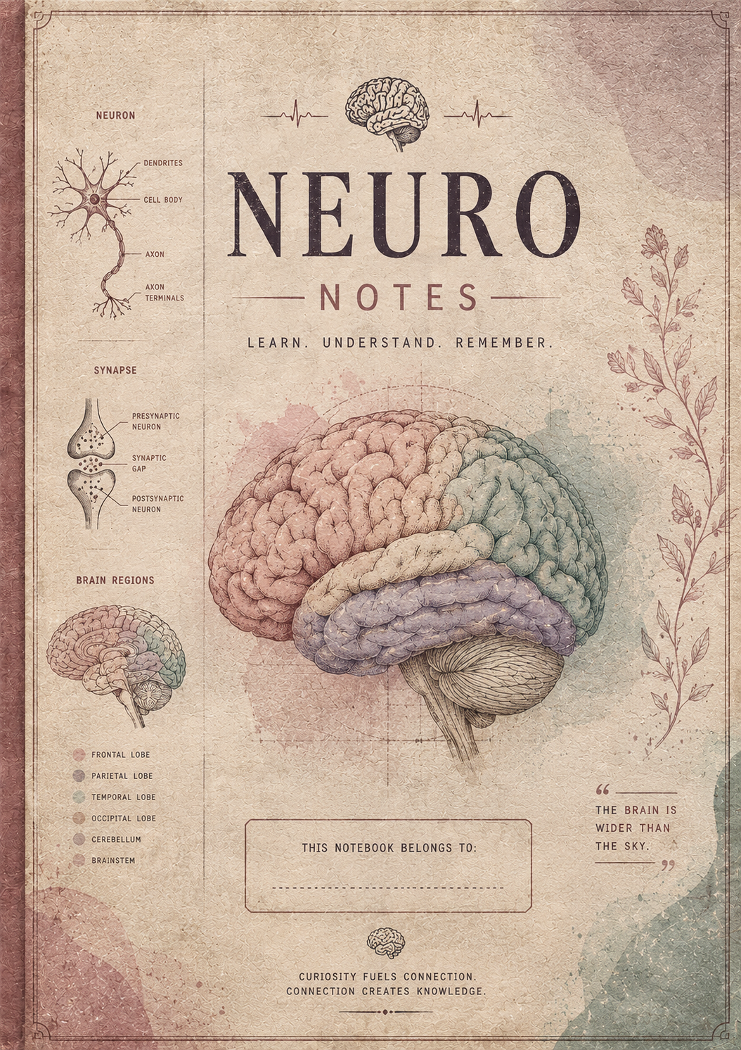Neuro Notes notebook cover with brain illustration and vintage design elements.