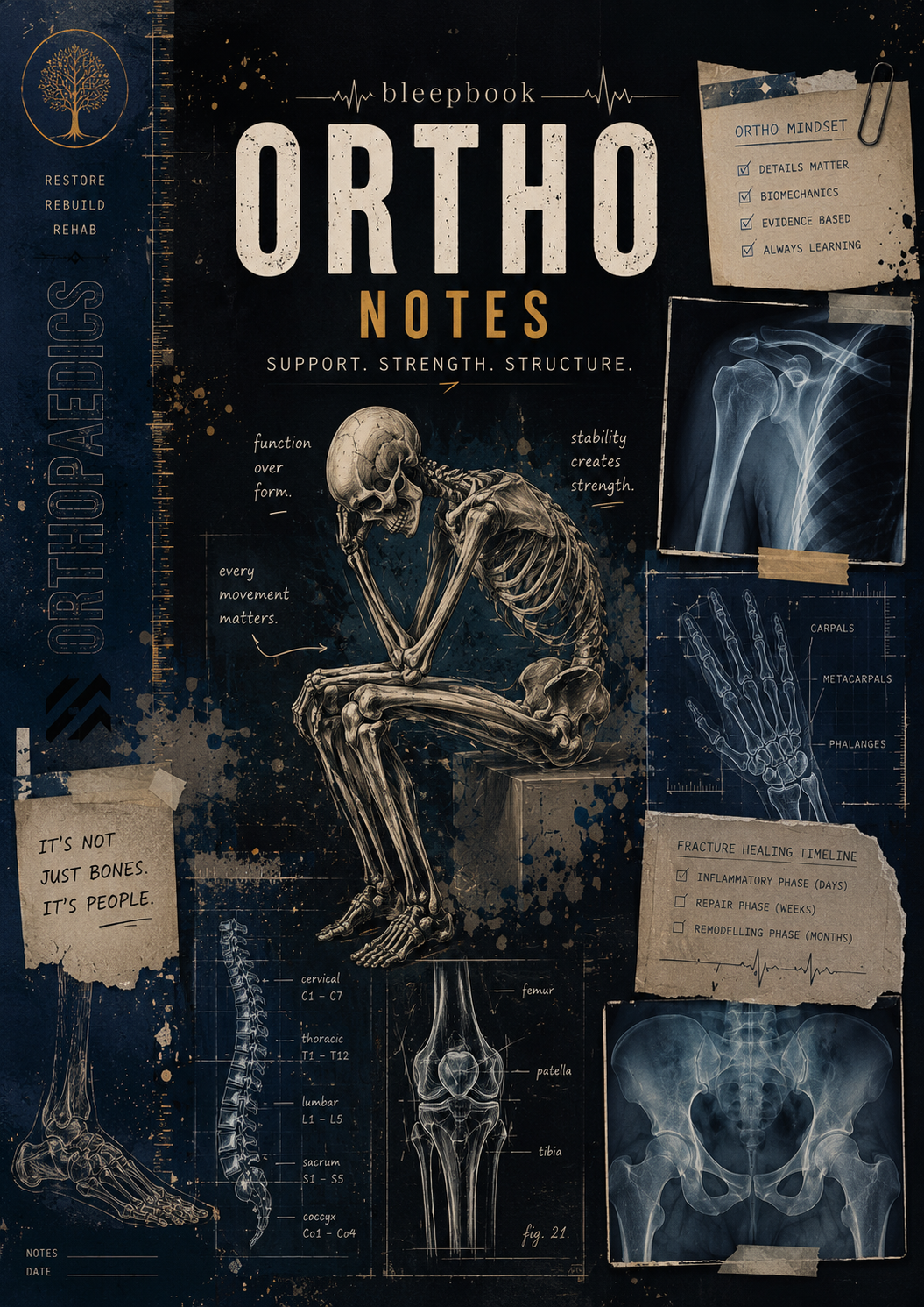 Anatomical poster with skeleton illustration and medical text on a dark background