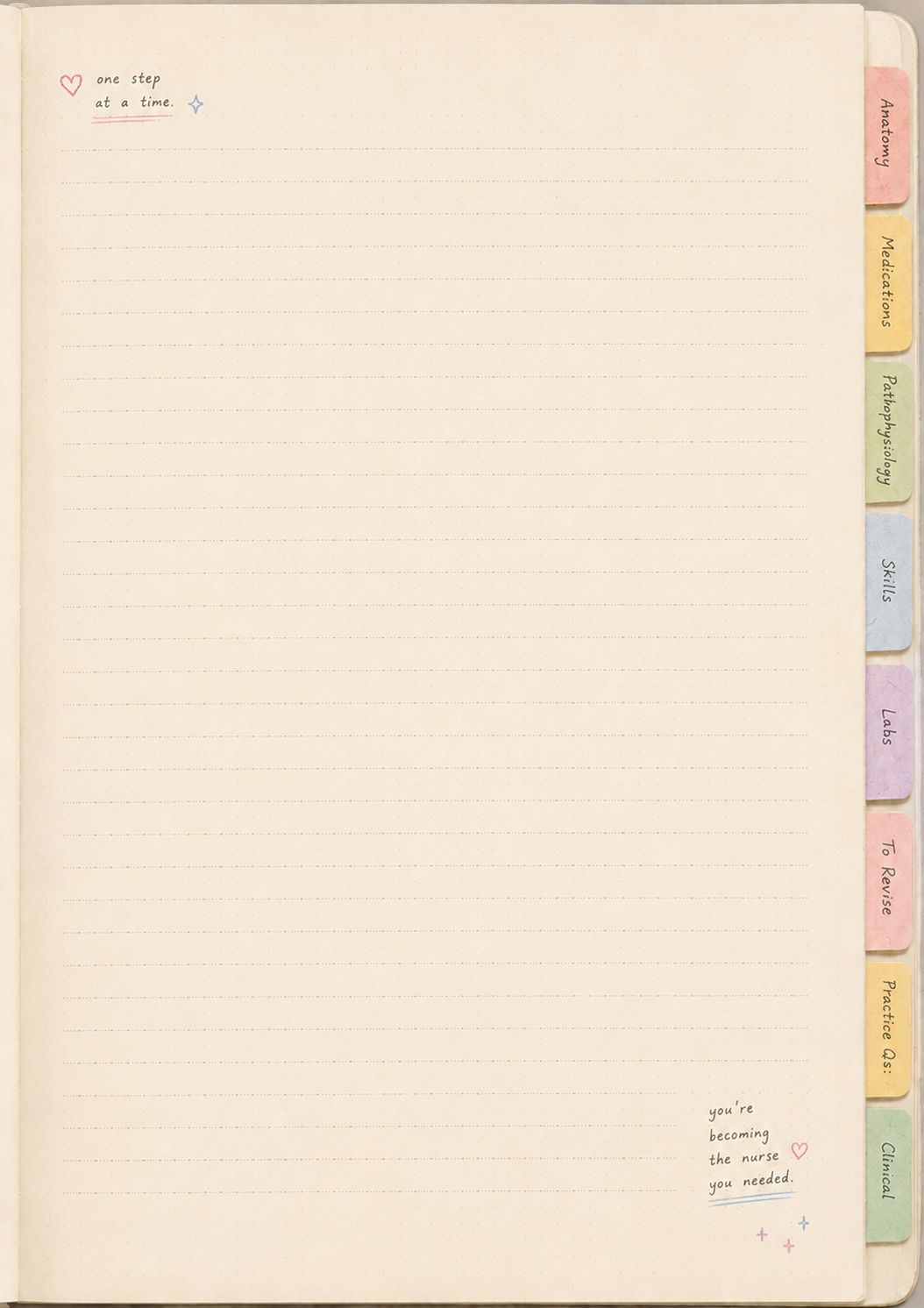 Notebook page with colorful tabs on a light beige background