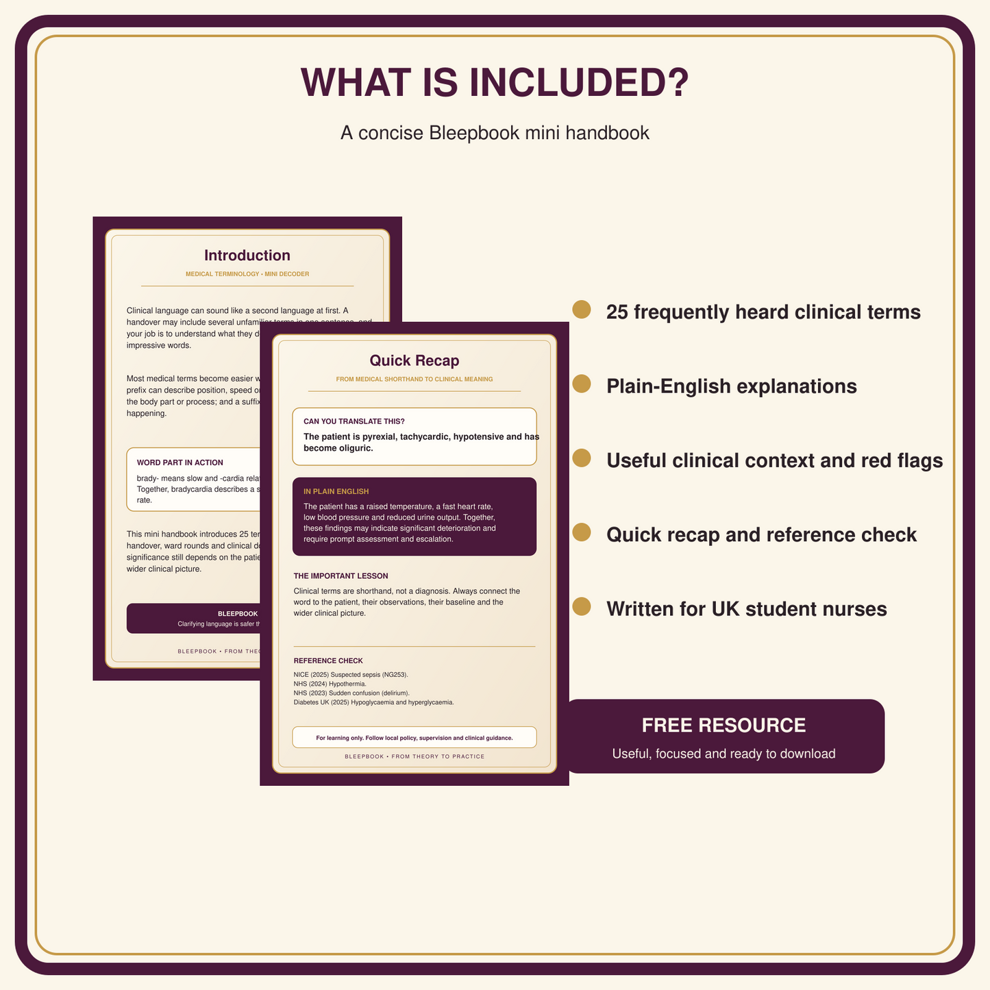 Promotional graphic for a concise Bleepbook mini handbook, showing sample pages from the booklet, bullet points about included content, and a dark purple 'FREE RESOURCE' callout on a white background with a dark purple border.