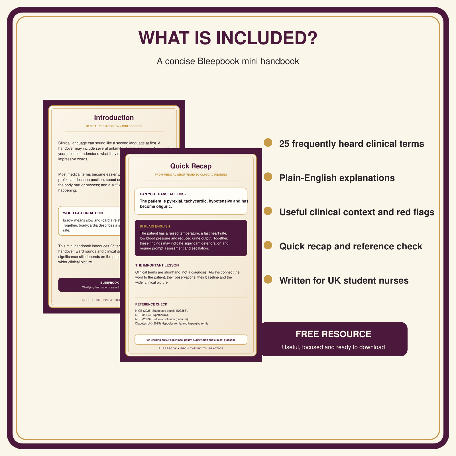 Promotional graphic for a concise Bleepbook mini handbook, showing sample pages from the booklet, bullet points about included content, and a dark purple 'FREE RESOURCE' callout on a white background with a dark purple border.